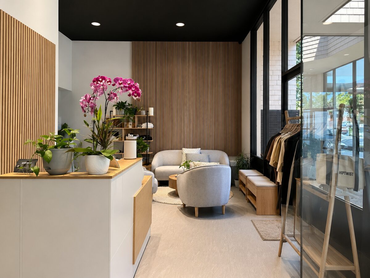 Hiptwist studio lounge with lounge chairs, wood-slat walls, orchid, and retail rack