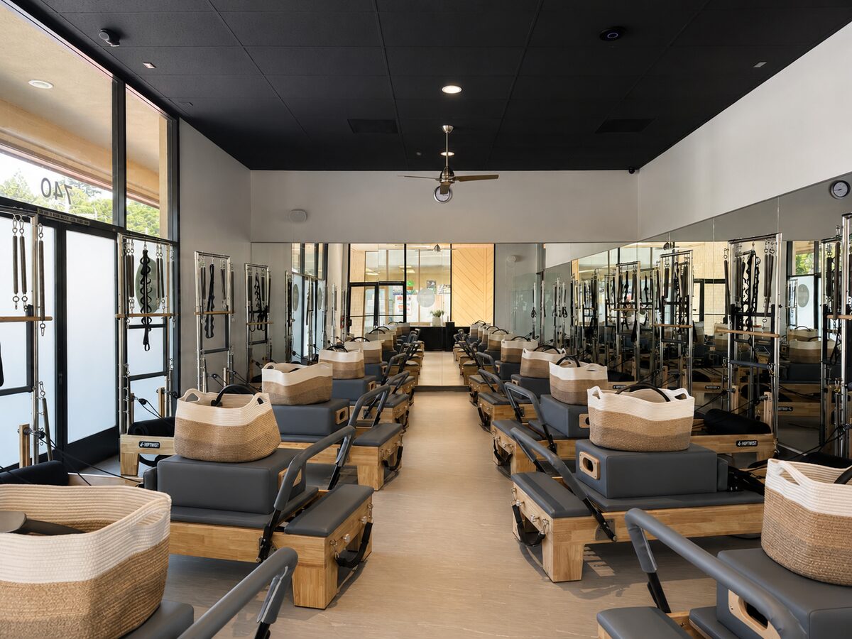 Rows of Hiptwist Tower Reformers in the San Mateo studio